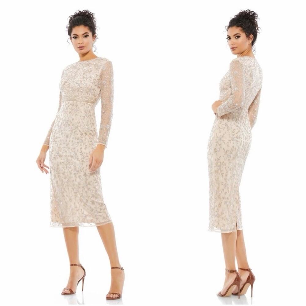 Mac Duggal 10812 Tea Length Beaded Formal Midi Dress - Porcelain - 16 - NWT